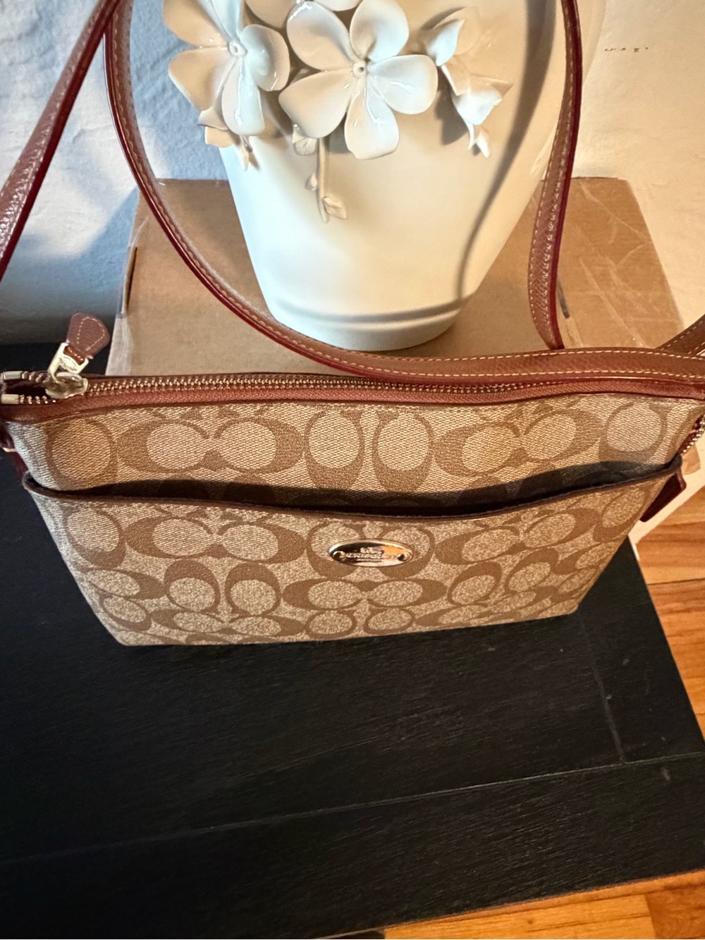 EUC Coach Tan Signature Canvas Crossbody Bag with Brown Leather Trim - Picture 4 of 15